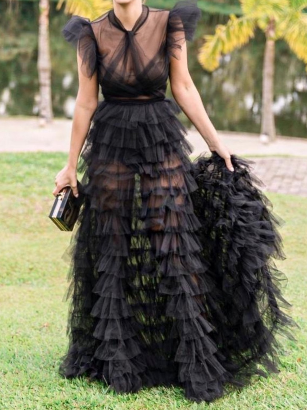 Sheer Ruffle Tulle Long Dress- Black